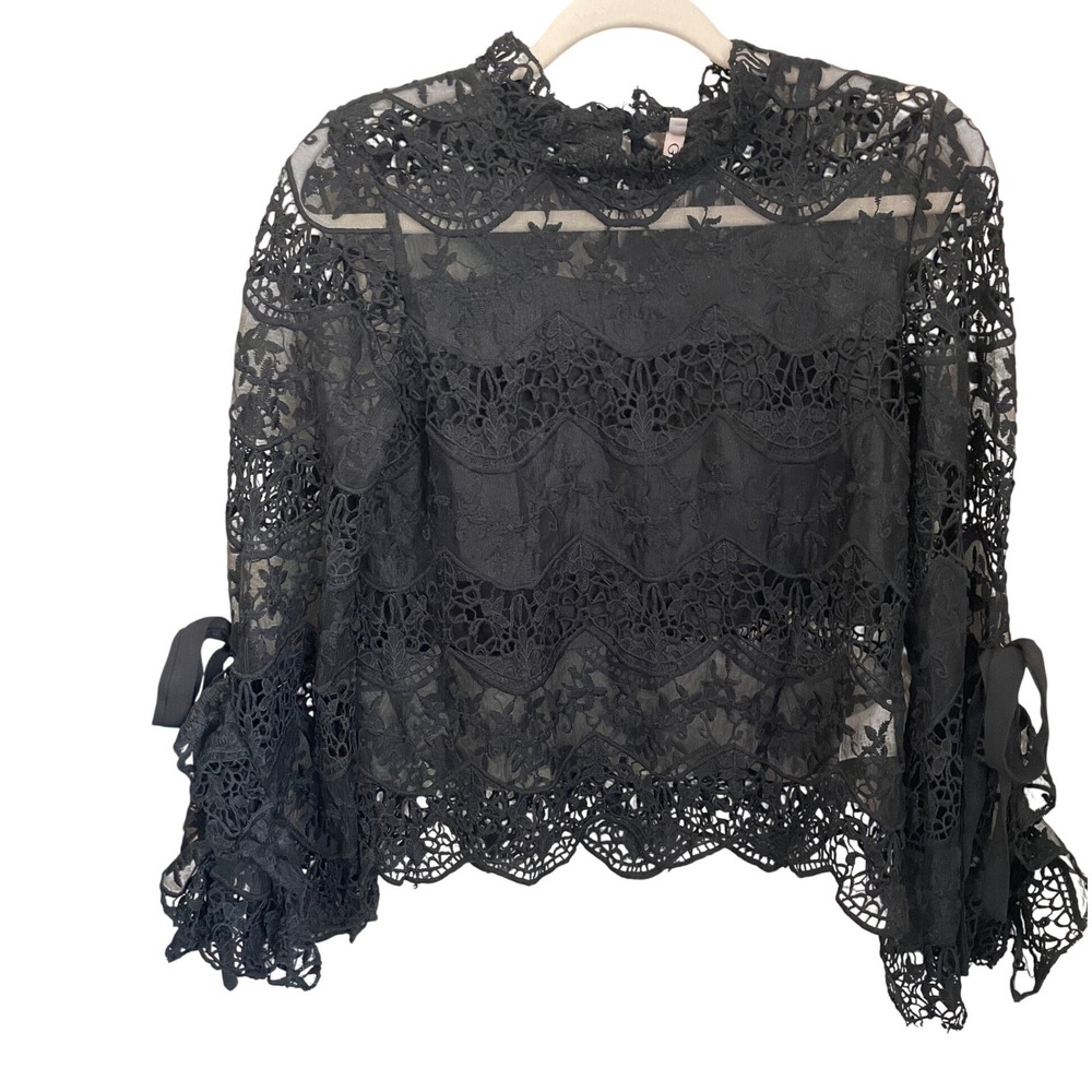 Golden Days Paris Black Lace Blouse Flared Ruffle Bow Sleeve Size 6 Romantic
